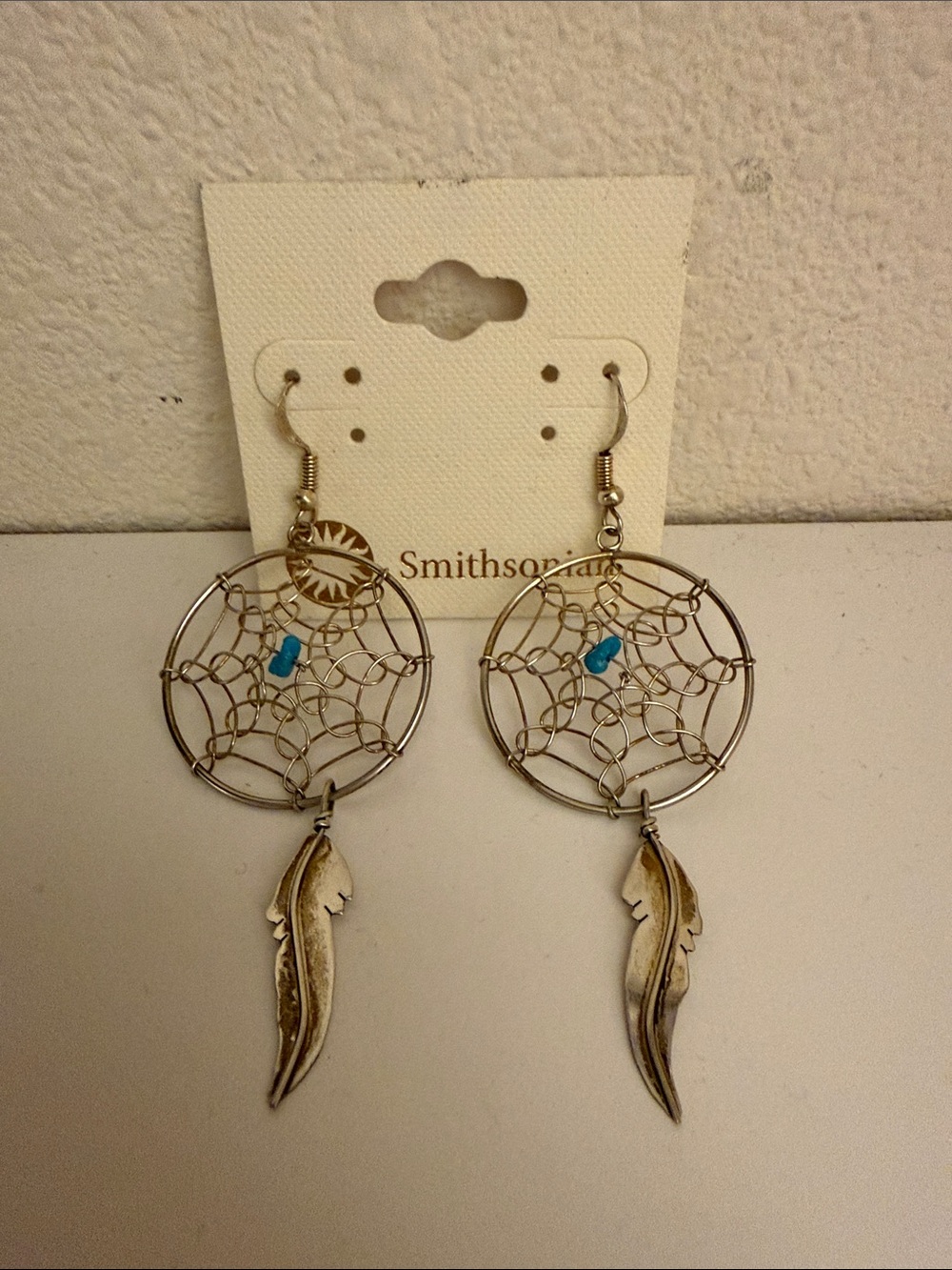 Silver-Tone Dreamcatcher Feather Earrings with Turquoise Accent